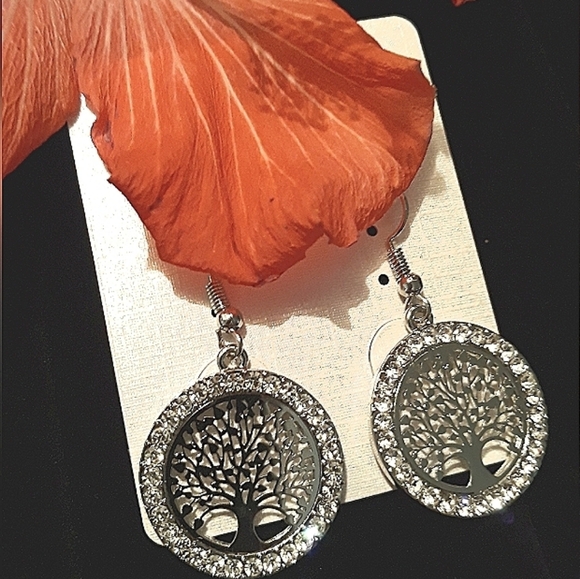 Silver Tree of Life Earrings with Crystal Rhinestone accents on ss earwires - Picture 13 of 15
